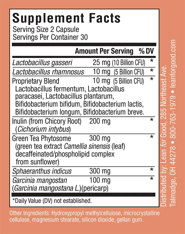 LeanBiome Supplement Facts label showing serving size, probiotic strains, Greenselect Phytosome, inulin and other ingredients